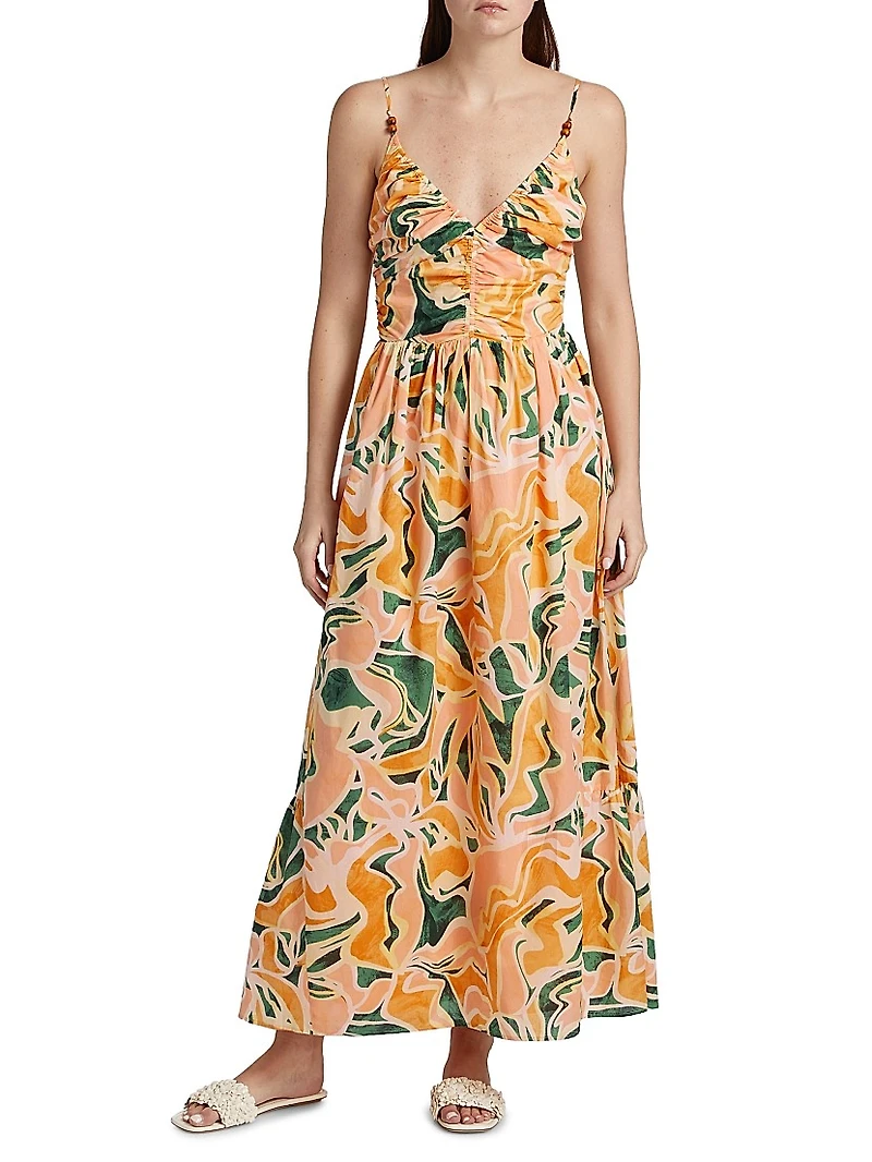 Palm Abstract Print Cotton Midi-Dress