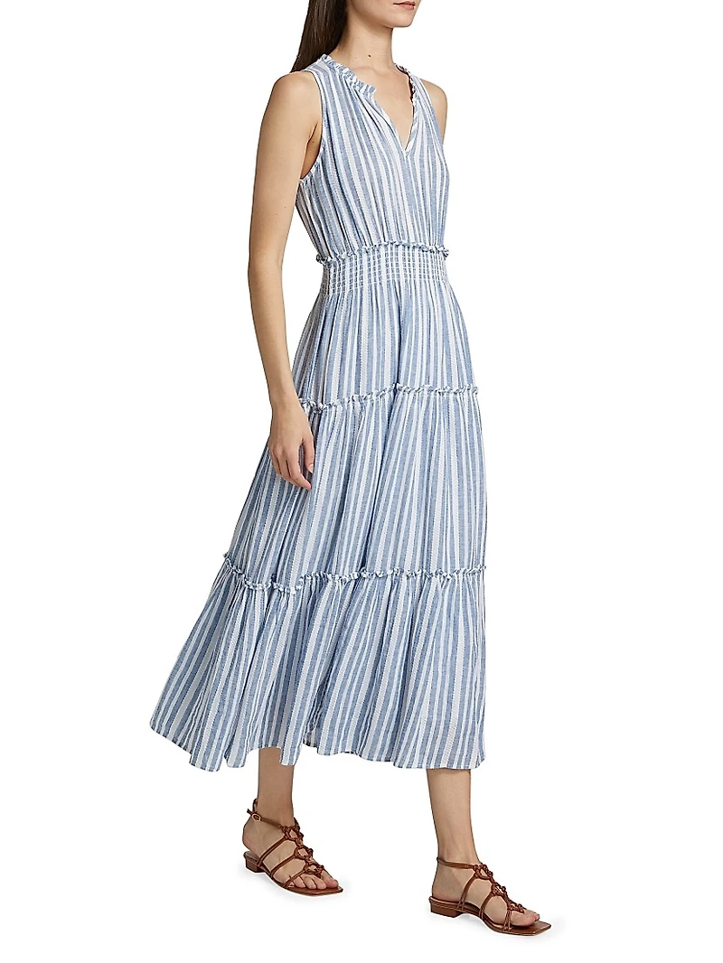 Loulou Striped Linen-Blend Midi-Dress
