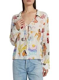 Elm Printed Linen-Blend Tieneck Blouse
