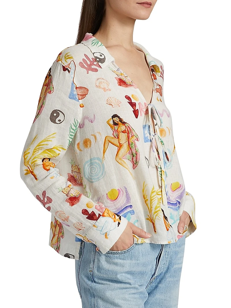 Elm Printed Linen-Blend Tieneck Blouse