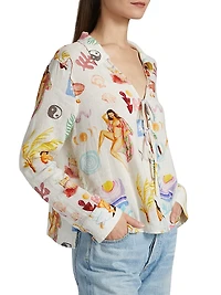 Elm Printed Linen-Blend Tieneck Blouse