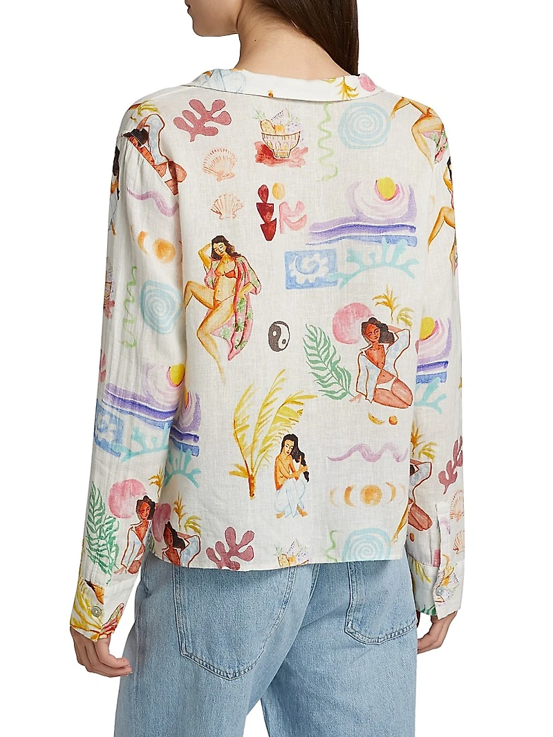 Elm Printed Linen-Blend Tieneck Blouse