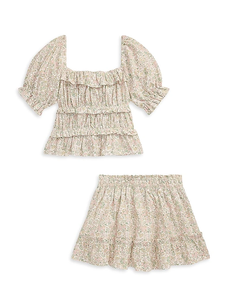 Little Girl's & 2-Piece Floral Puff-Sleeve Top Skirt Set