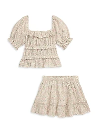 Little Girl's & 2-Piece Floral Puff-Sleeve Top Skirt Set