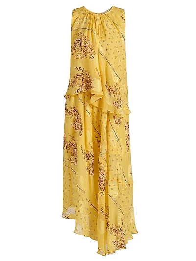 Caprice Asymmetric Printed Silk Midi-Dress