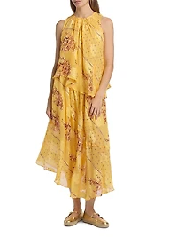 Caprice Asymmetric Printed Silk Midi-Dress