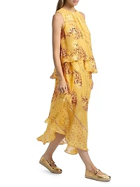 Caprice Asymmetric Printed Silk Midi-Dress