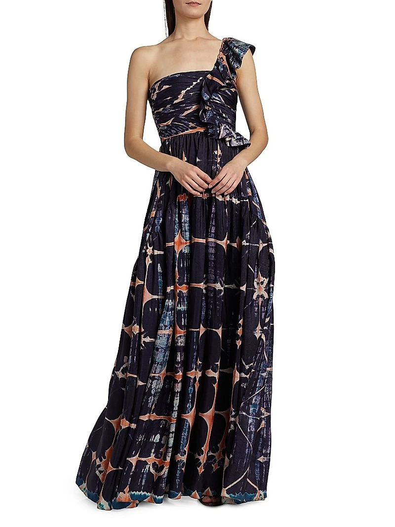 Valeria Tie-Dye Silk One-Shoulder Gown