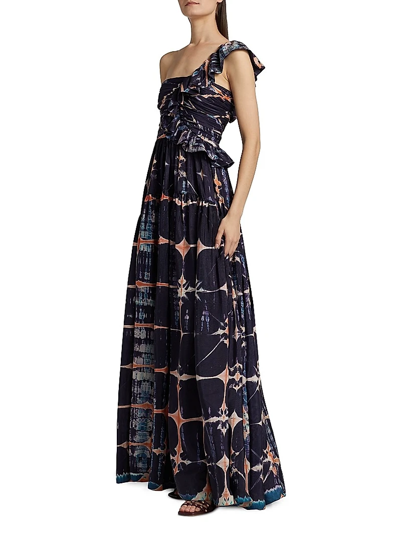 Valeria Tie-Dye Silk One-Shoulder Gown