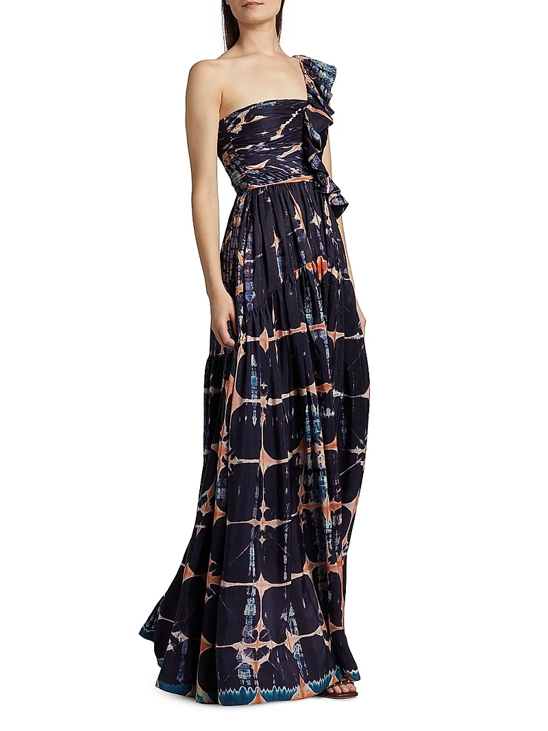 Valeria Tie-Dye Silk One-Shoulder Gown