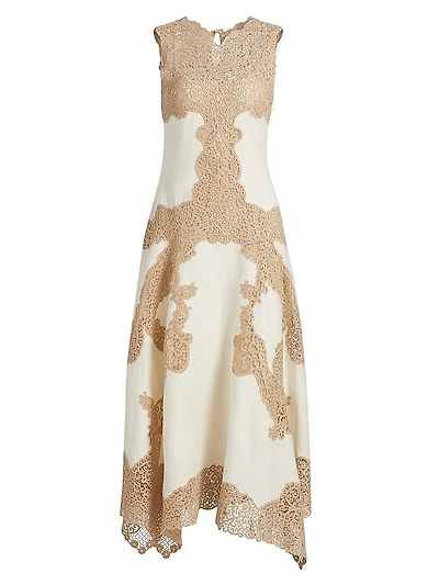 Arlette Sleeveless Linen & Lace Midi-Dress