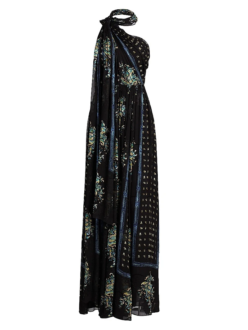 Angelique Printed Silk One-Shoulder Scarf Gown