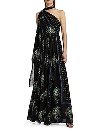 Angelique Printed Silk One-Shoulder Scarf Gown