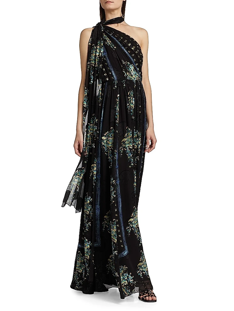 Angelique Printed Silk One-Shoulder Scarf Gown