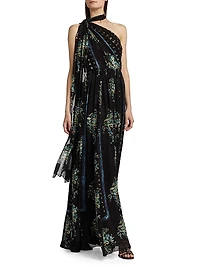Angelique Printed Silk One-Shoulder Scarf Gown