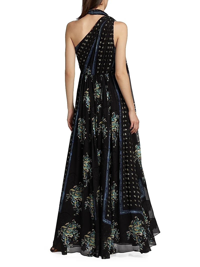 Angelique Printed Silk One-Shoulder Scarf Gown