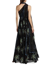 Angelique Printed Silk One-Shoulder Scarf Gown