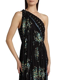 Angelique Printed Silk One-Shoulder Scarf Gown
