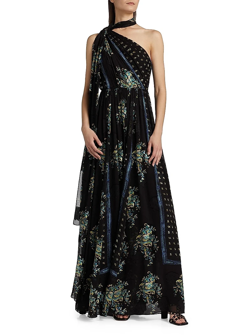 Angelique Printed Silk One-Shoulder Scarf Gown