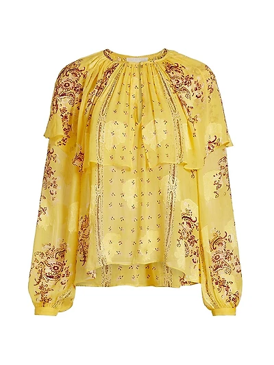 Elissa Printed Silk Chiffon Cape Blouse