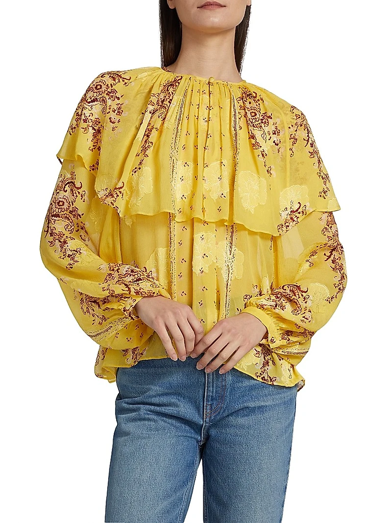 Elissa Printed Silk Chiffon Cape Blouse
