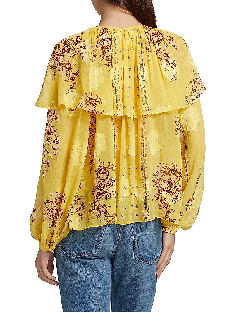 Elissa Printed Silk Chiffon Cape Blouse