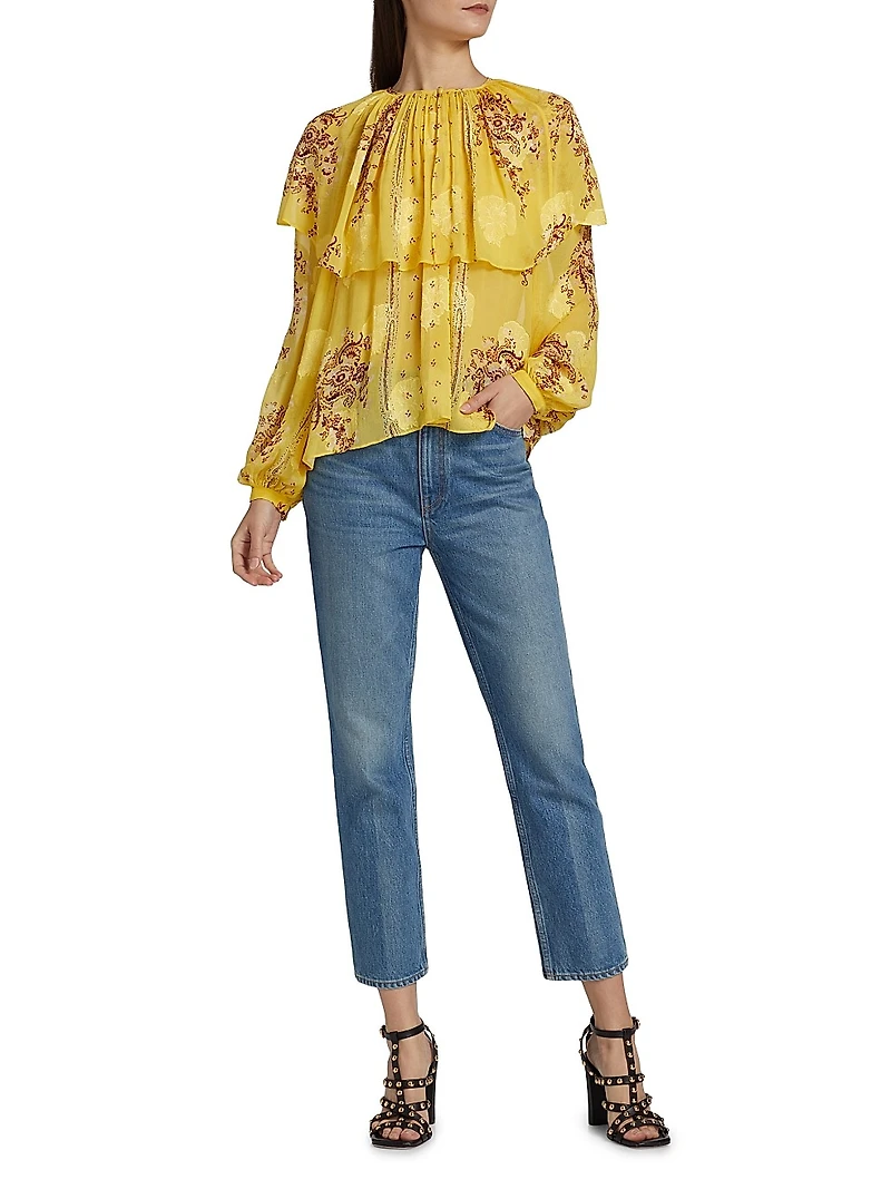 Elissa Printed Silk Chiffon Cape Blouse