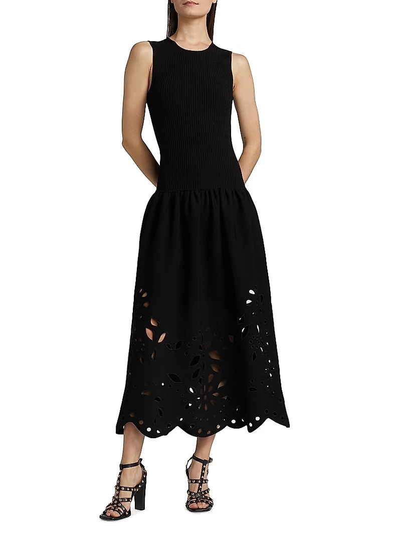 Rosaline Knit Laser-Cut Fit & Flare Maxi Dress