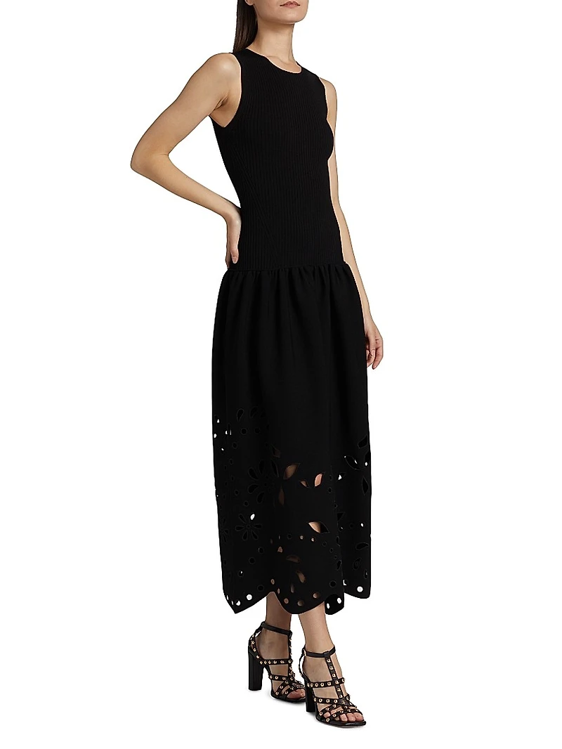 Rosaline Knit Laser-Cut Fit & Flare Maxi Dress