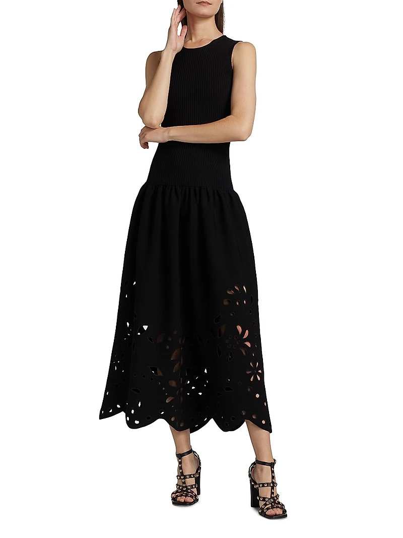 Rosaline Knit Laser-Cut Fit & Flare Maxi Dress