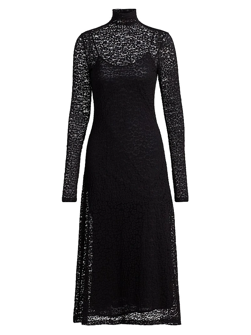 Talia Leopard Lace Turtleneck Midi Dress