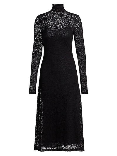 Talia Leopard Lace Turtleneck Midi Dress