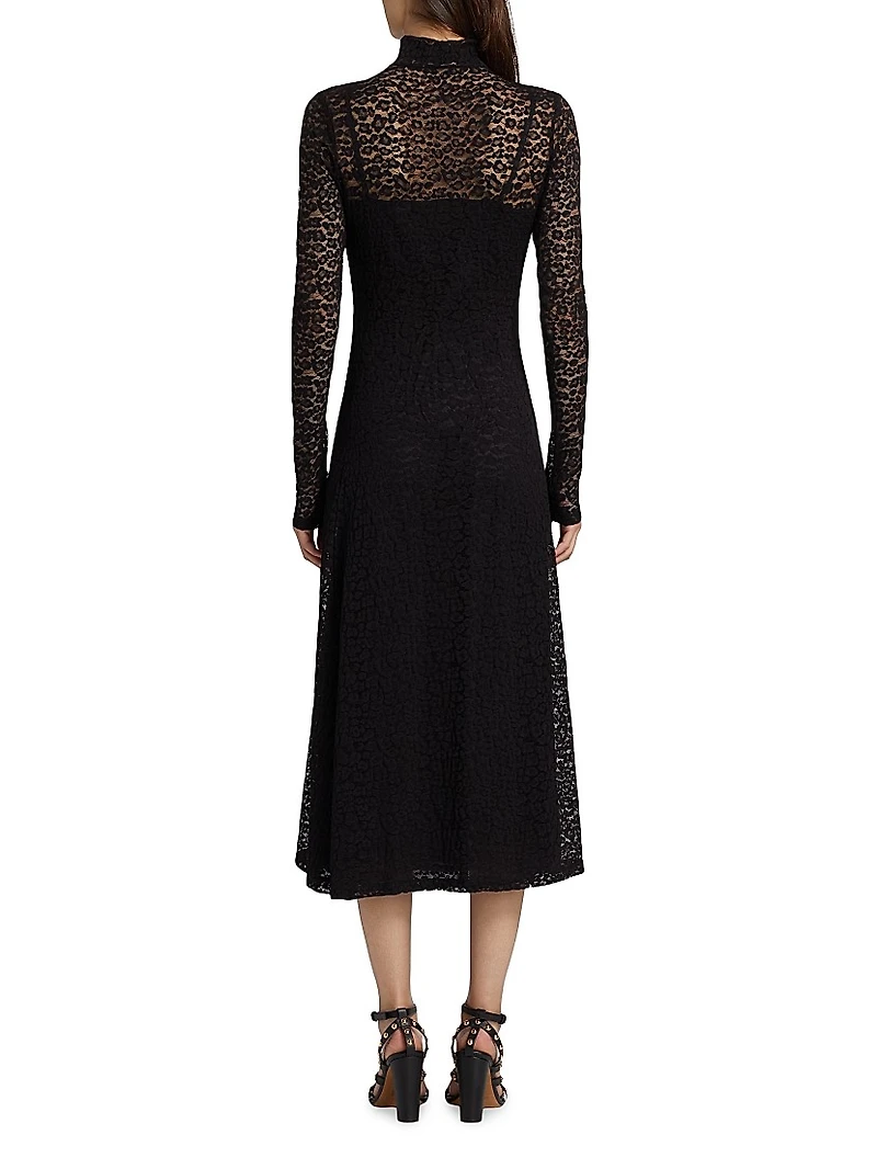 Talia Leopard Lace Turtleneck Midi Dress
