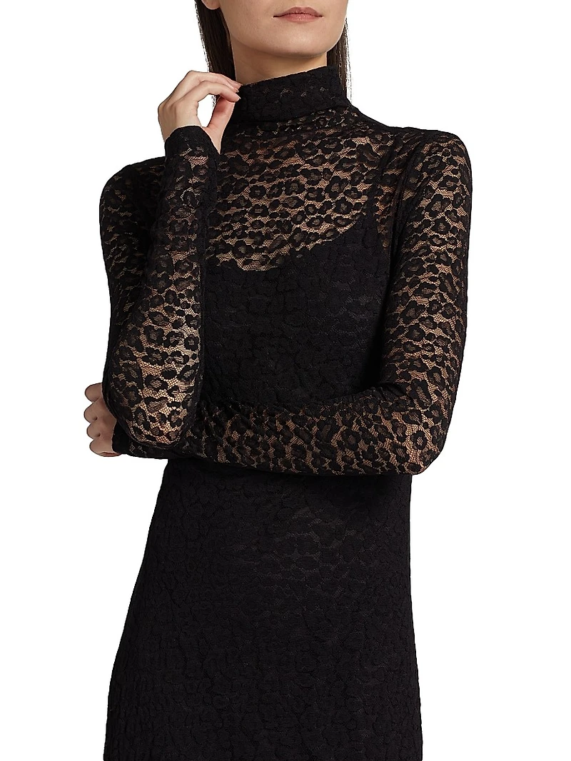 Talia Leopard Lace Turtleneck Midi Dress