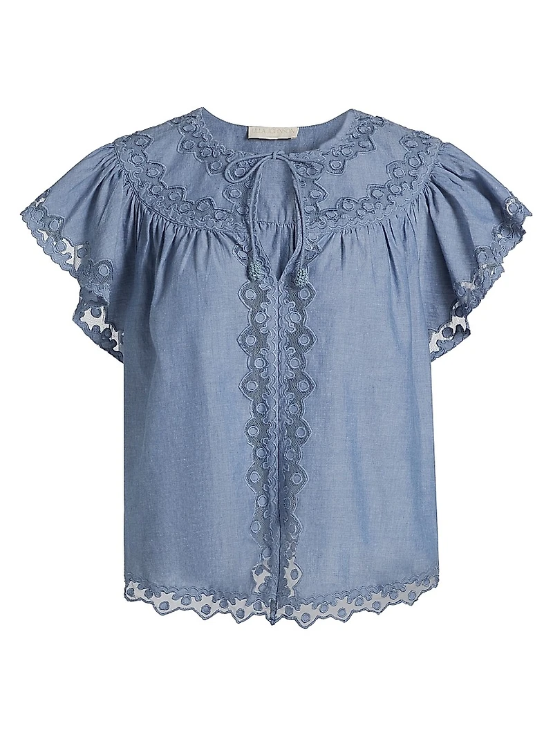 Effie Lace-Trim Cotton Flutter-Sleeve Top