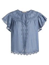 Effie Lace-Trim Cotton Flutter-Sleeve Top