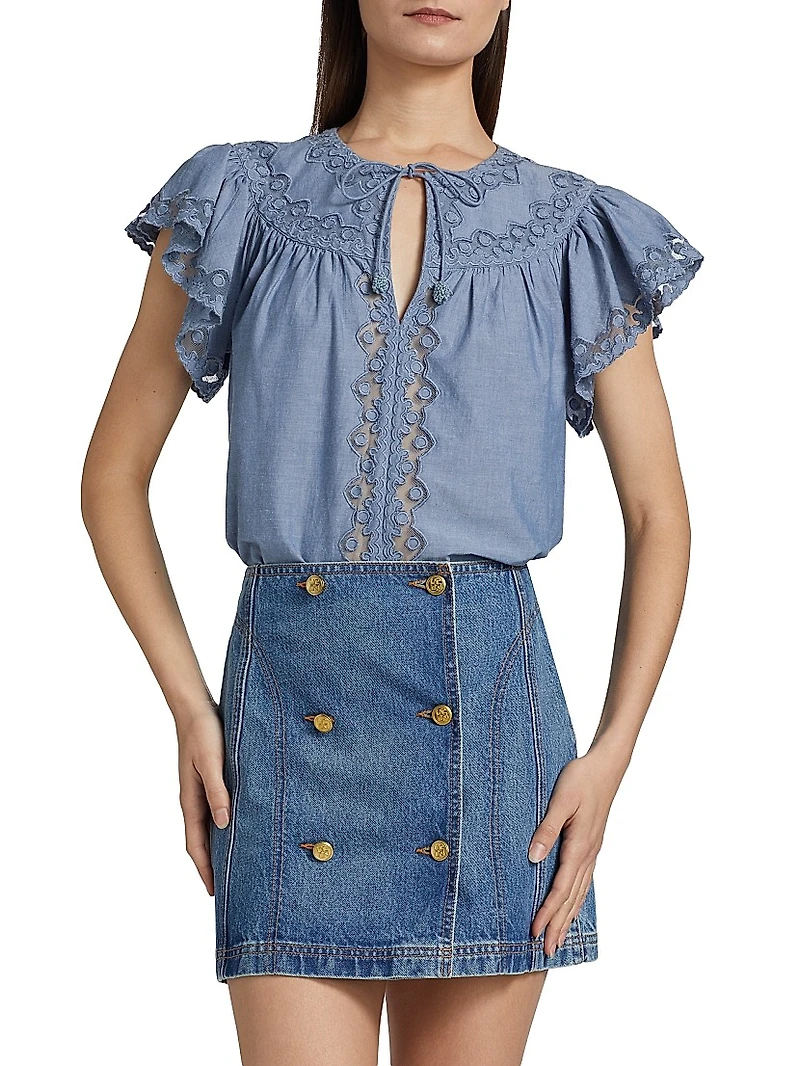 Effie Lace-Trim Cotton Flutter-Sleeve Top