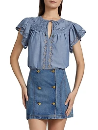 Effie Lace-Trim Cotton Flutter-Sleeve Top