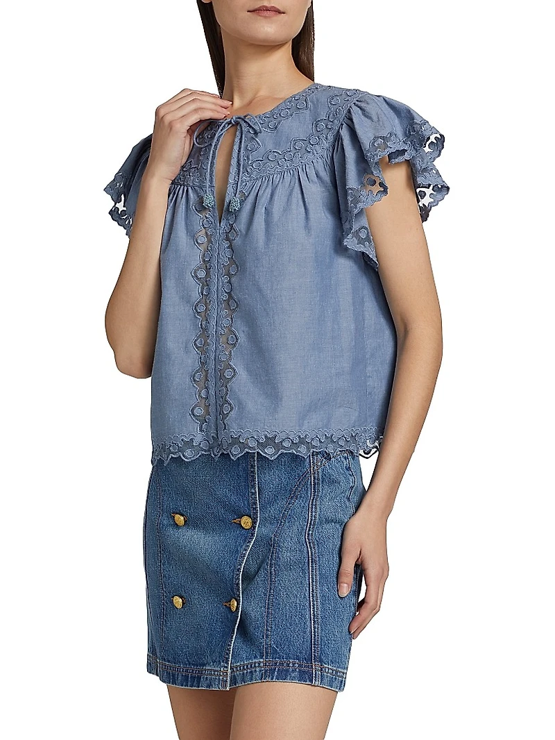 Effie Lace-Trim Cotton Flutter-Sleeve Top