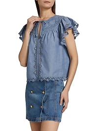 Effie Lace-Trim Cotton Flutter-Sleeve Top