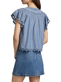 Effie Lace-Trim Cotton Flutter-Sleeve Top