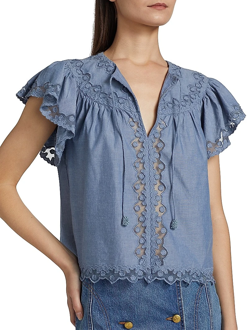 Effie Lace-Trim Cotton Flutter-Sleeve Top