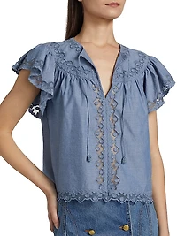 Effie Lace-Trim Cotton Flutter-Sleeve Top