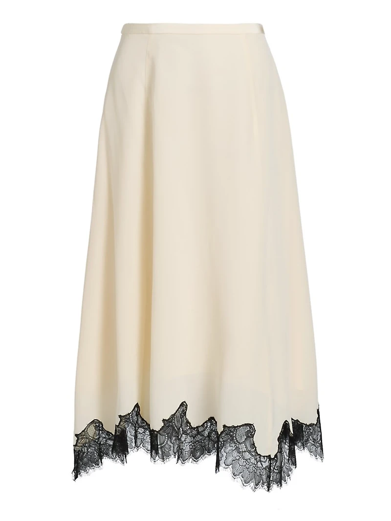 Rosine Asymmetric Contrast Lace-Trimmed Silk Midi-Skirt