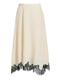 Rosine Asymmetric Contrast Lace-Trimmed Silk Midi-Skirt