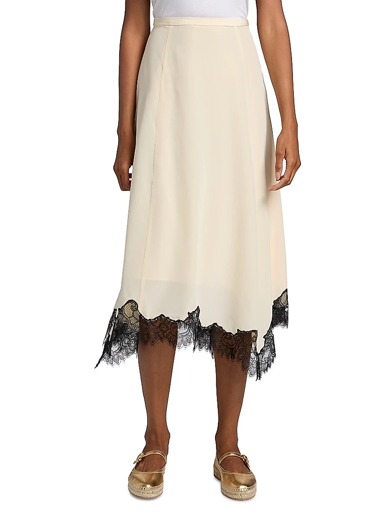Rosine Asymmetric Contrast Lace-Trimmed Silk Midi-Skirt