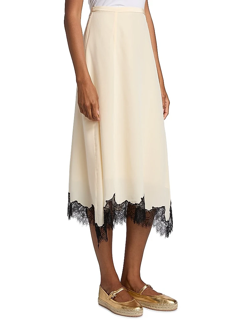 Rosine Asymmetric Contrast Lace-Trimmed Silk Midi-Skirt