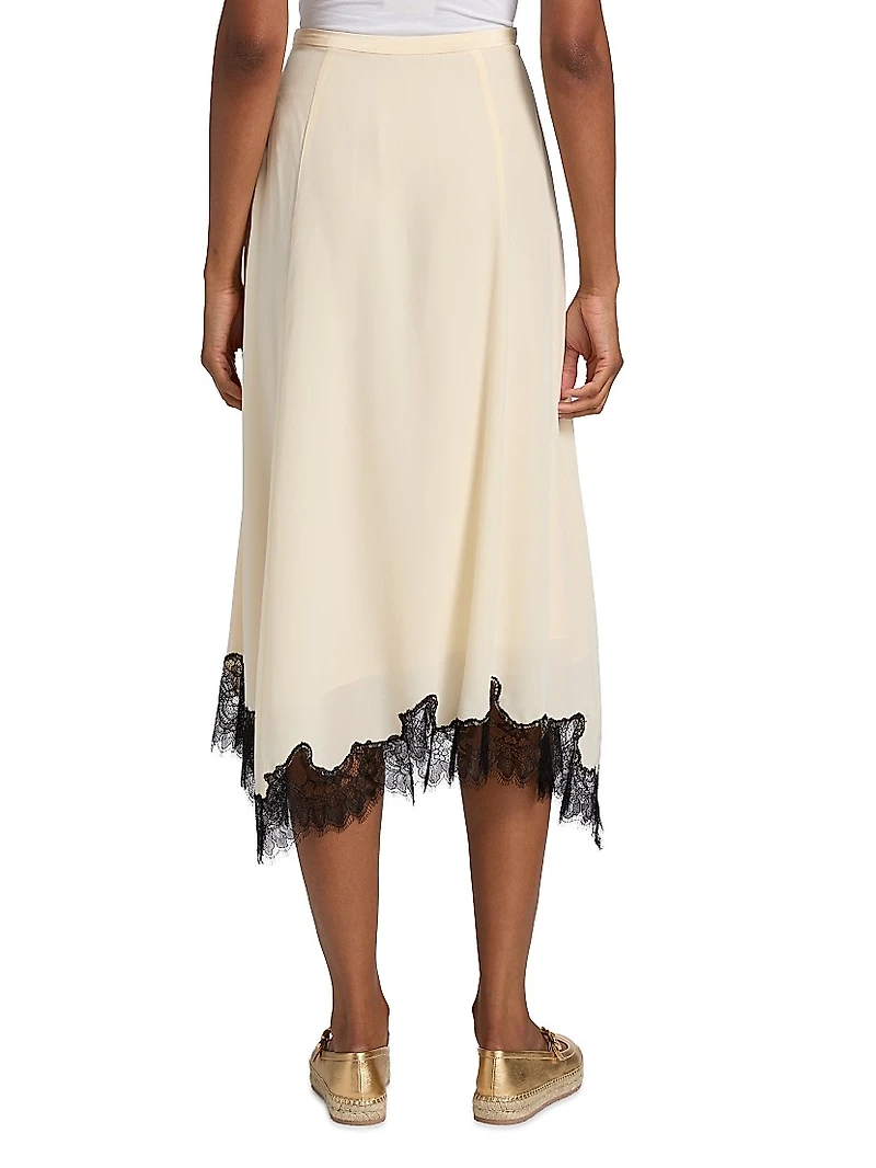 Rosine Asymmetric Contrast Lace-Trimmed Silk Midi-Skirt