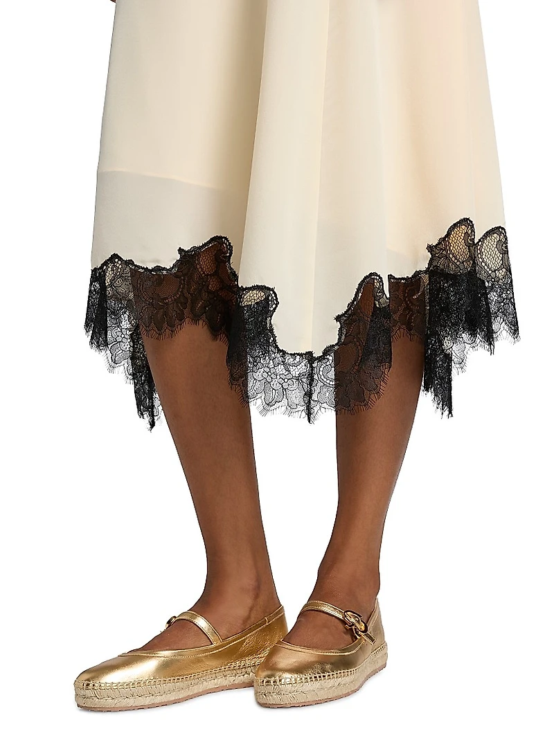 Rosine Asymmetric Contrast Lace-Trimmed Silk Midi-Skirt