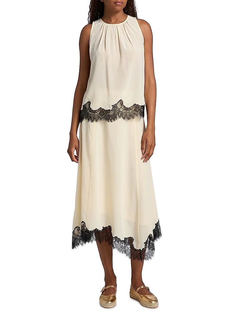 Rosine Asymmetric Contrast Lace-Trimmed Silk Midi-Skirt